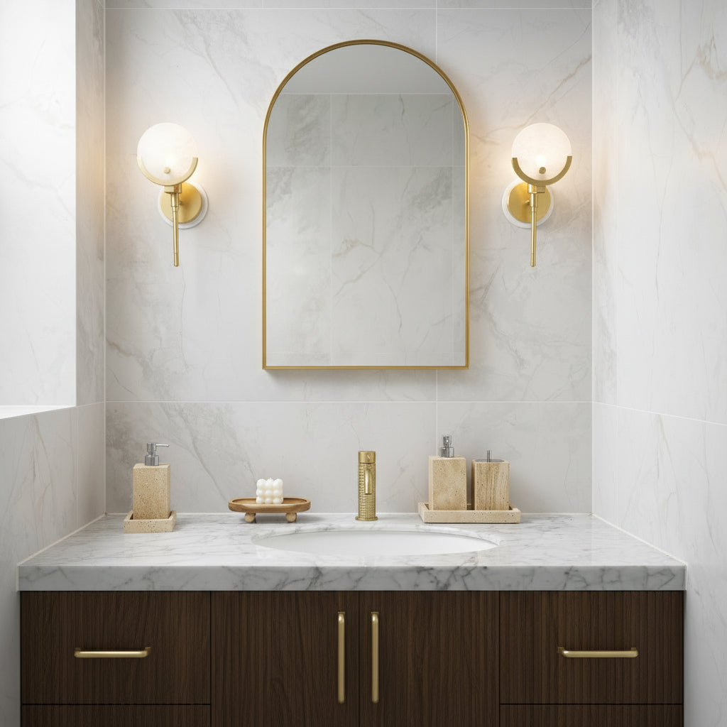 Crescent-Cradle Alabaster Globe Wall Sconce – Dimmable, detail