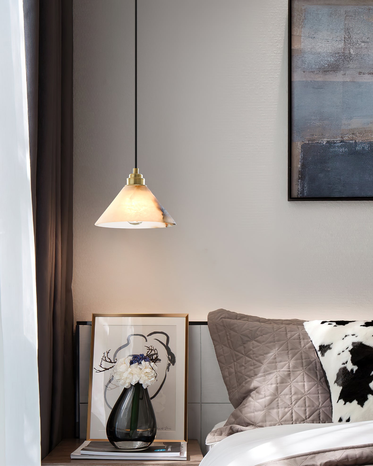 Conical Brass Alabaster Pendant Lamp