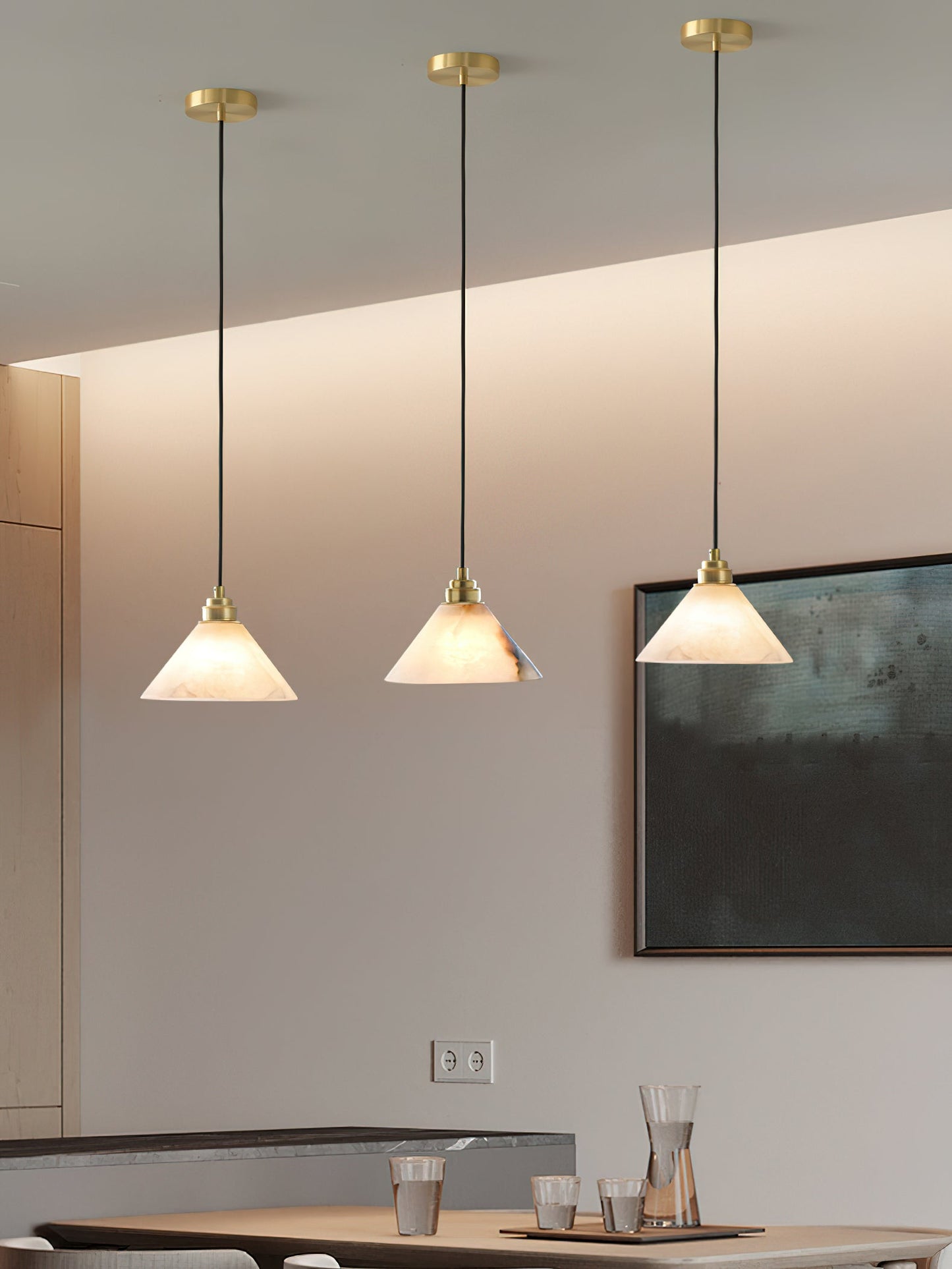 Conical Brass Alabaster Pendant Lamp, alternate view