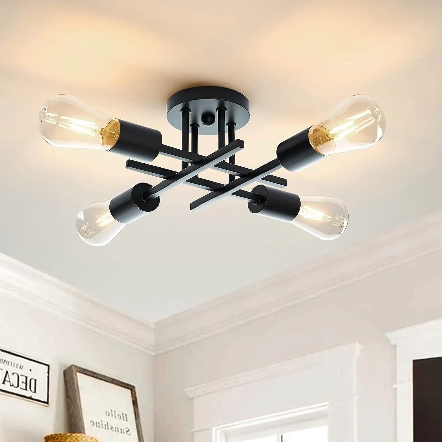 Black and brass sputnik semi-flush ceiling light with exposed bulbs